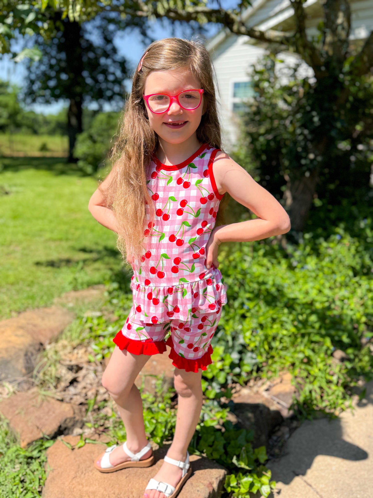 CHERRY CUTE PEPLUM TANK + RUFFLE SHORTS
