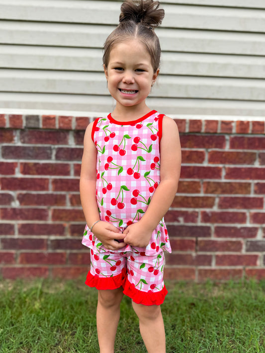 CHERRY CUTE PEPLUM TANK + RUFFLE SHORTS