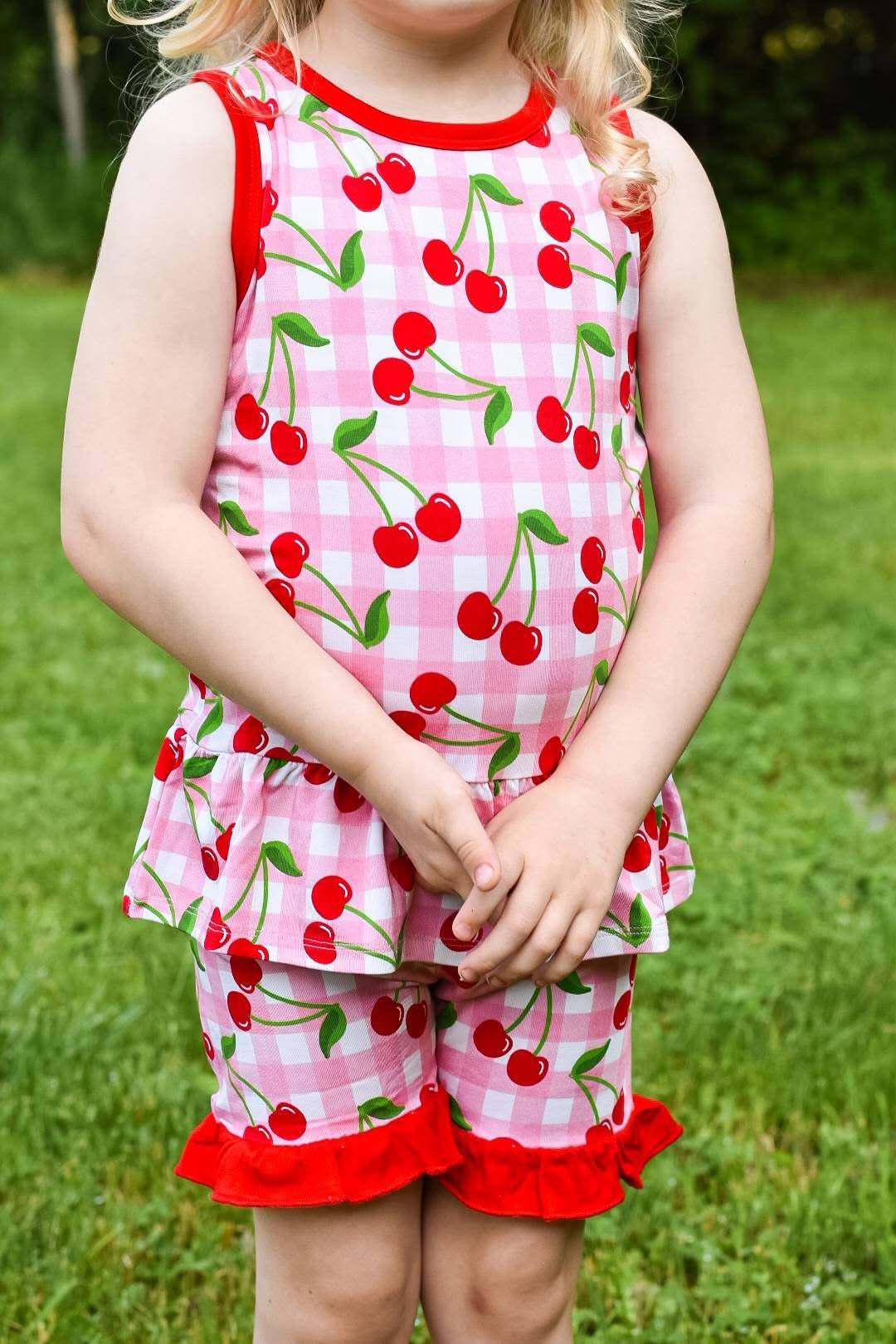 CHERRY CUTE PEPLUM TANK + RUFFLE SHORTS