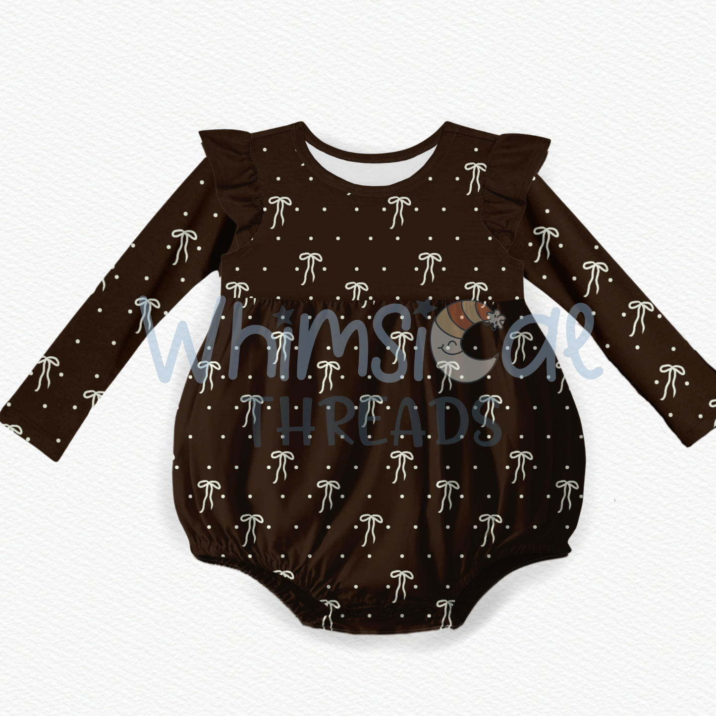 COCOA BOWS LONG SLEEVE FLUTTER BUBBLE ROMPER (PRE-ORDER)